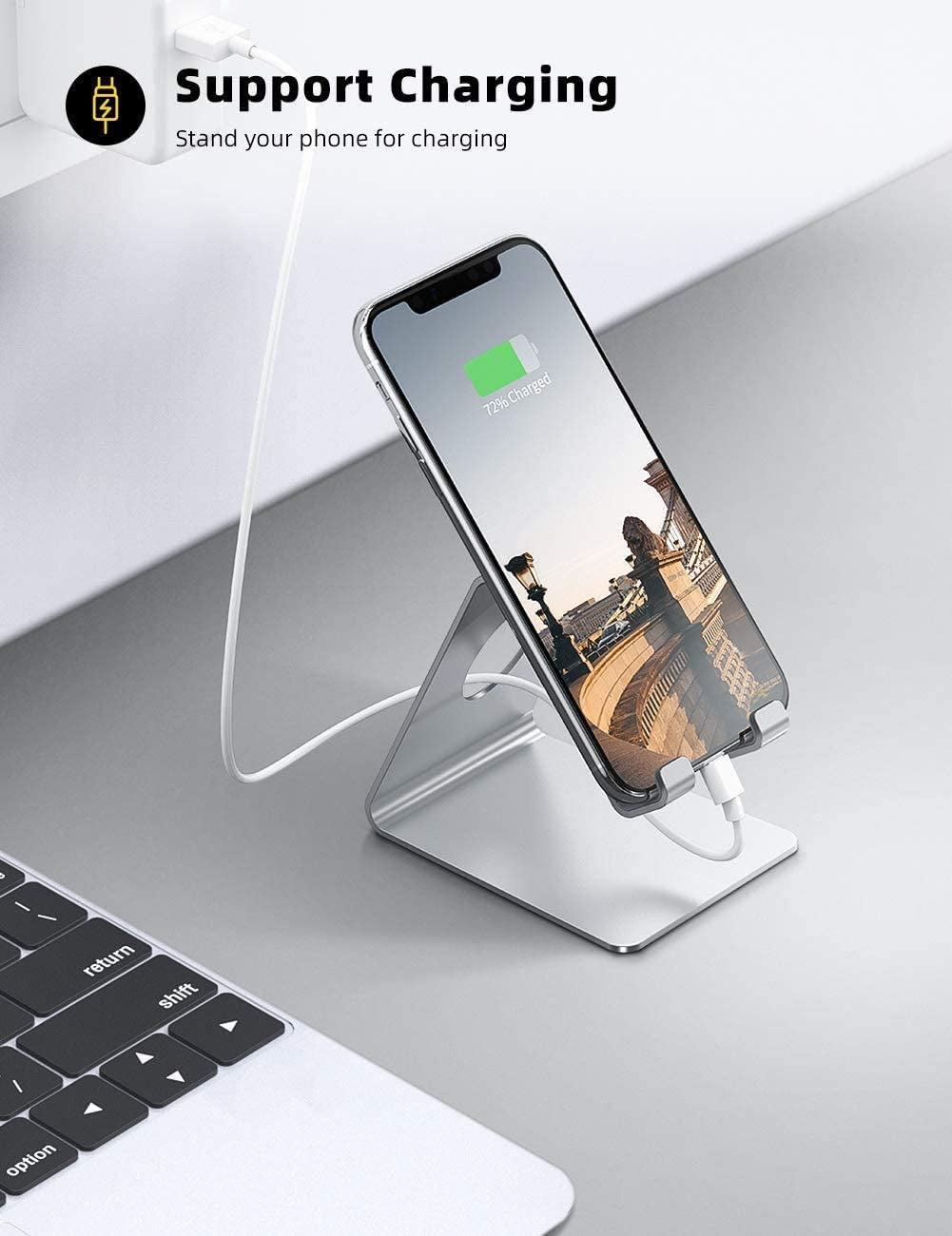 スマホスタンド 卓上ホルダー|iPhone・Android対応 充電しながら使えるデスクスタンド|オフィス・在宅ワークに最適(シルバー)