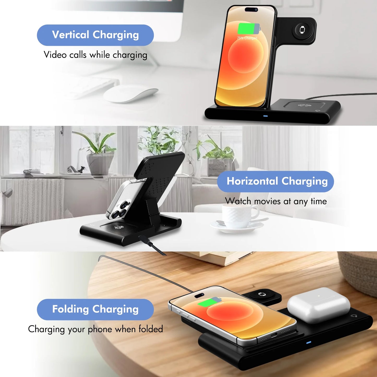 📱Appleユーザー向け 3in1ワイヤレス充電器|iPhone・Apple Watch・AirPods 同時充電対応|折りたたみ式・急速充電スタンド(iPhone 16/15/14/13/12/11 Pro Max・Apple Watch・AirPods 3/2/Pro対応)