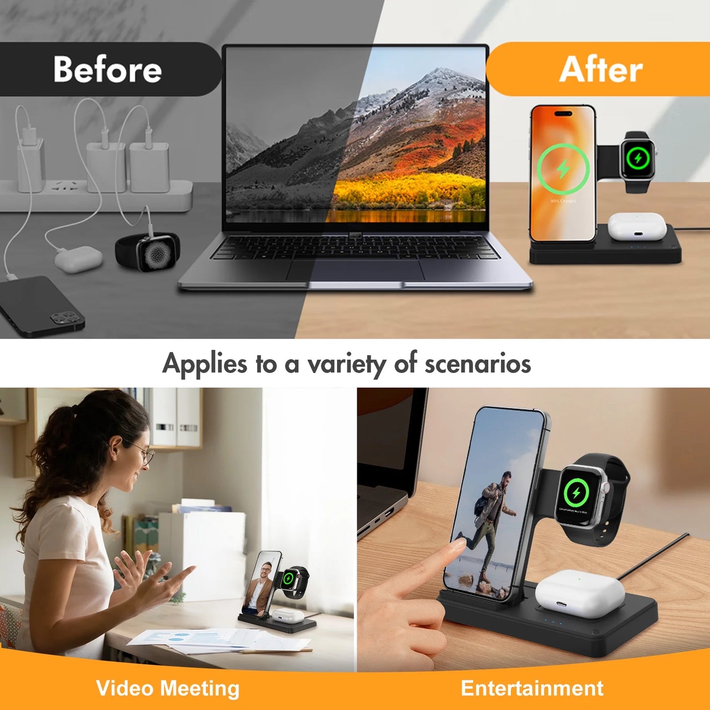 📱Appleユーザー向け 3in1ワイヤレス充電器|iPhone・Apple Watch・AirPods 同時充電対応|折りたたみ式・急速充電スタンド(iPhone 16/15/14/13/12/11 Pro Max・Apple Watch・AirPods 3/2/Pro対応)