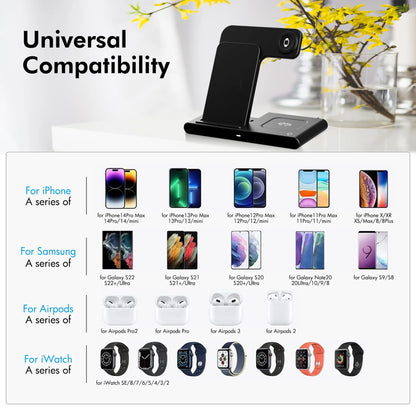 📱Appleユーザー向け 3in1ワイヤレス充電器｜iPhone・Apple Watch・AirPods 同時充電対応｜折りたたみ式・急速充電スタンド（iPhone 16/15/14/13/12/11 Pro Max・Apple Watch・AirPods 3/2/Pro対応）
